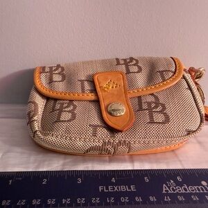 Dooney & Bourke Beige Logo Wristlet with Tan Leather Trim and Gold Hardware